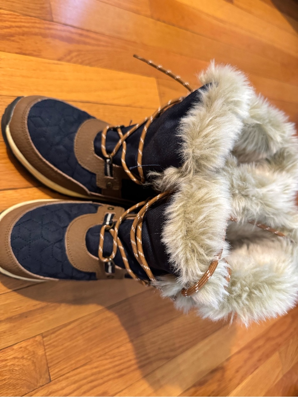 BearPaw Navy and Brown Faux-Fur Winter Lace-Up Boots